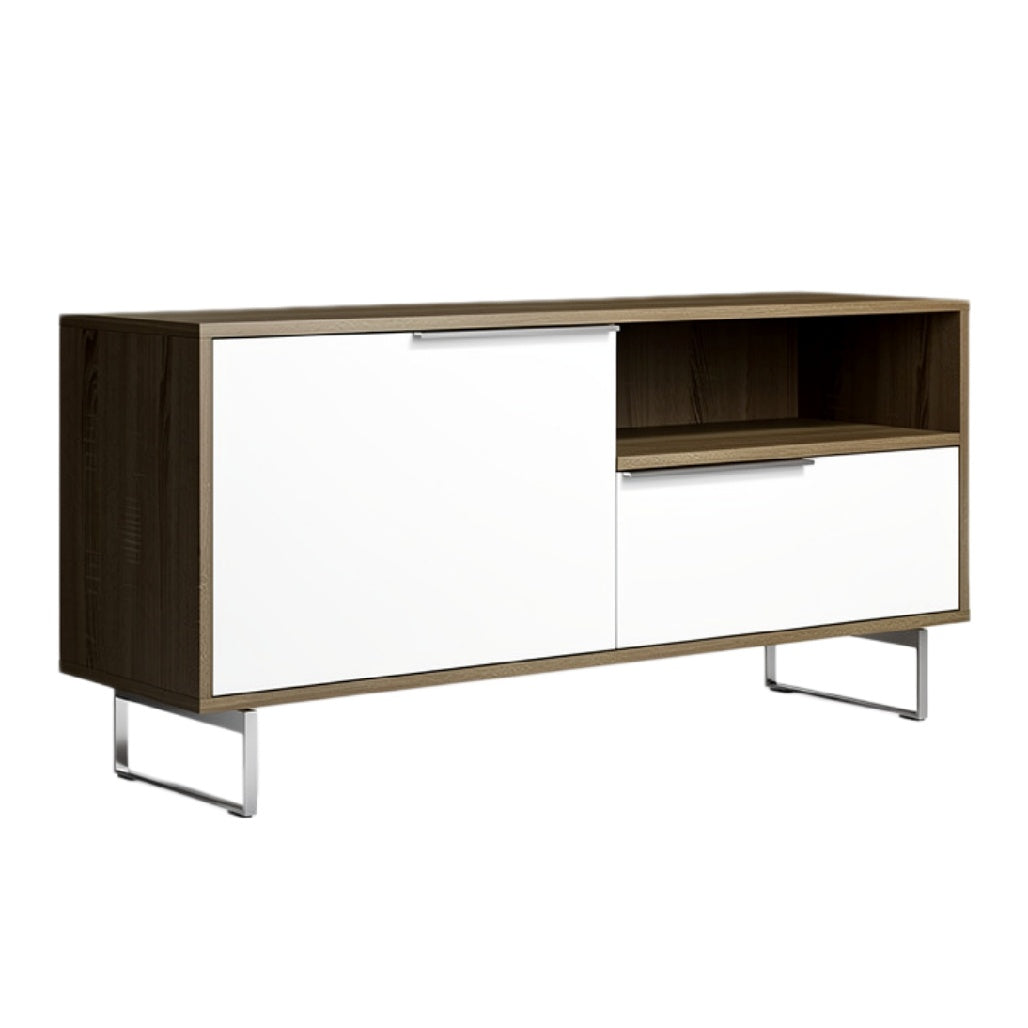 Moderne houten kast met witte deuren en metalen poten