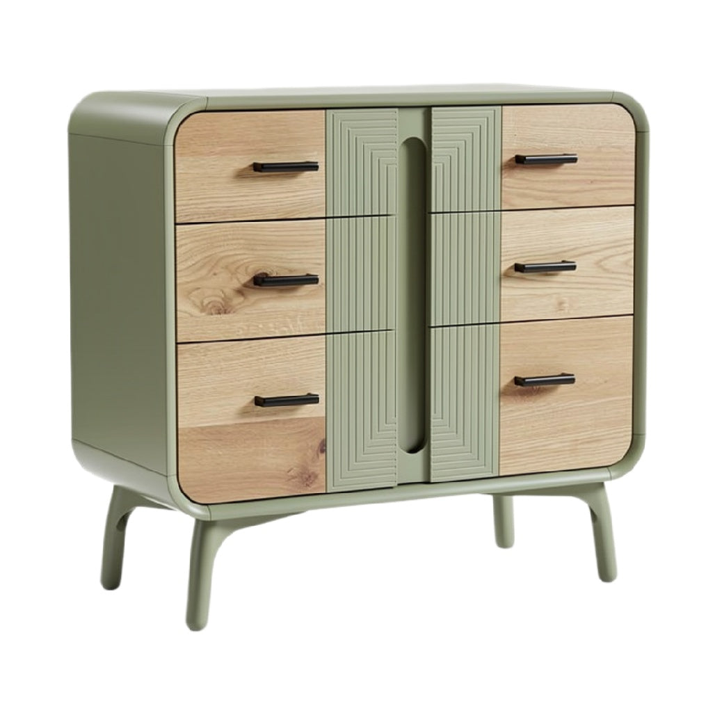 Moderne ladekast met houtkleurige en groene afwerking